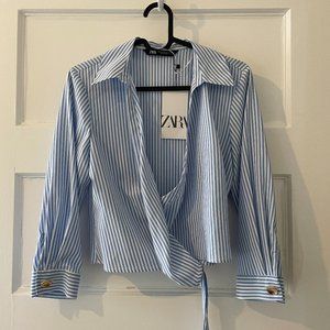 Zara blue striped wrap crop top NWT